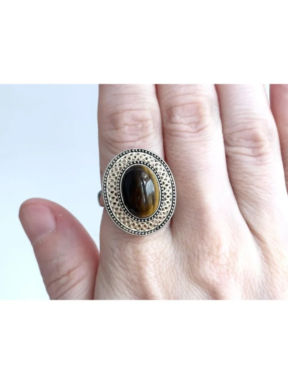 Genuine Tiger's Eye Gemstone Filigree Sterling Silver 925 Vintage Ring - sz 8